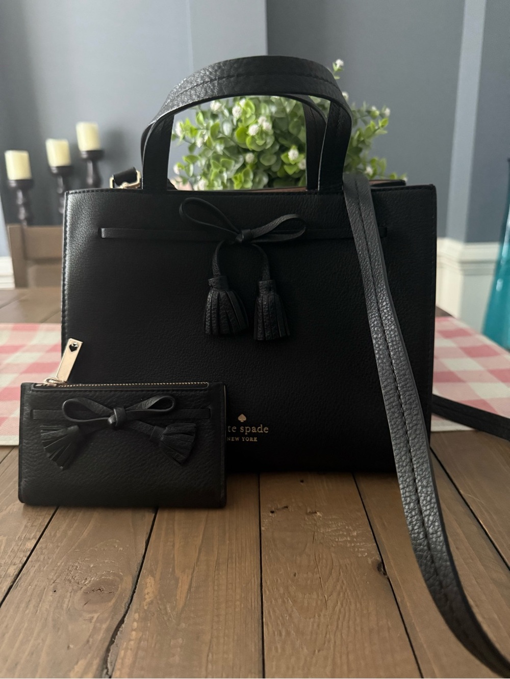 kate spade Black Leather Satchel with Tassel Bow and matching wallet